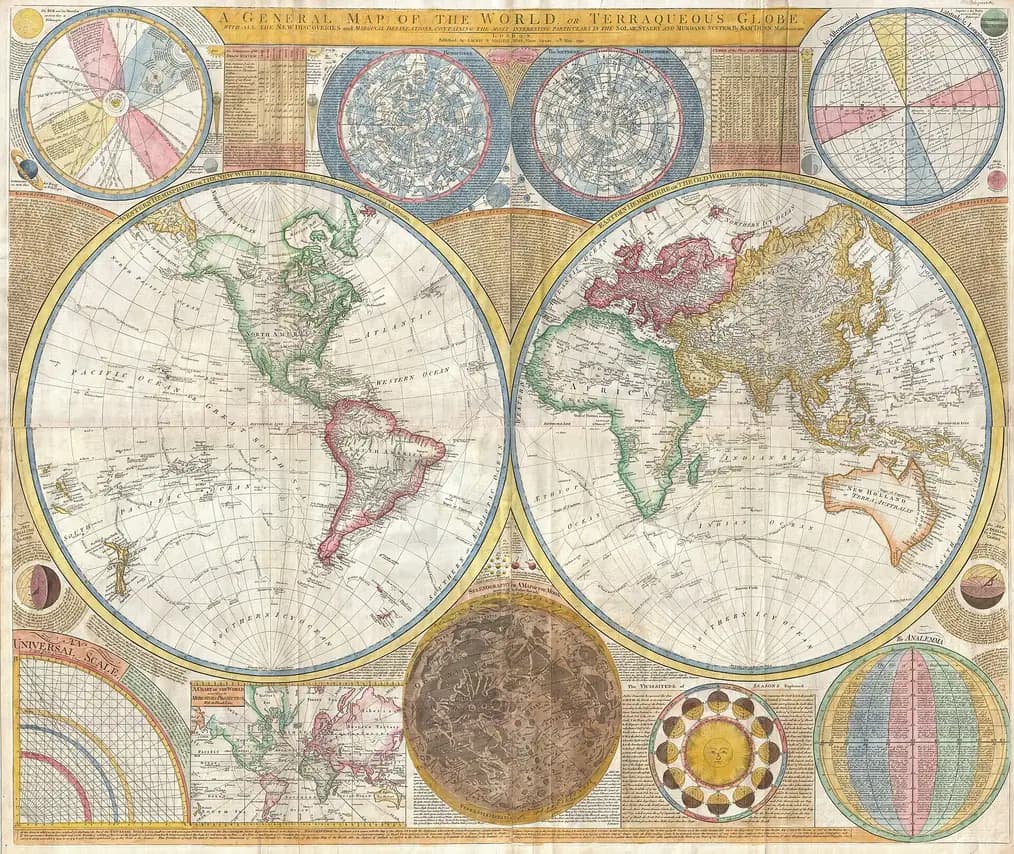 A hand-engraved 1794 map of the world drawn in two hemispheres